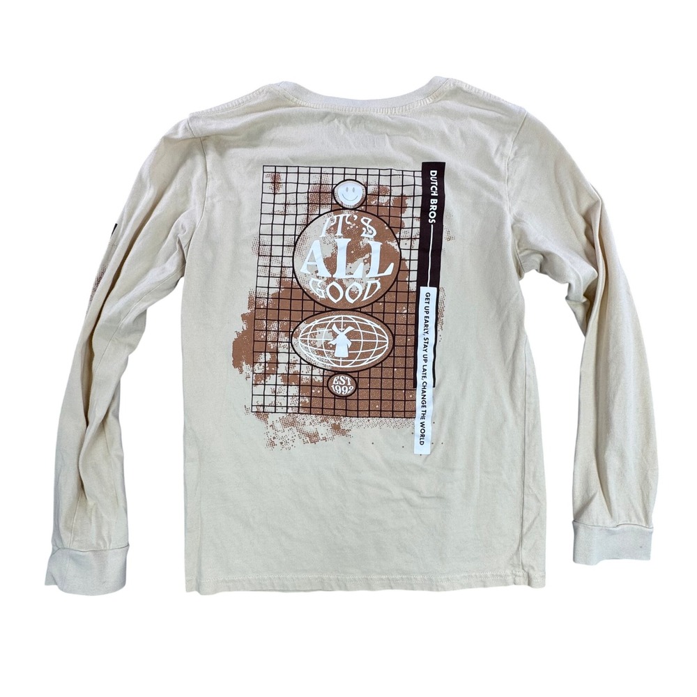 Dutch Bros Coffee Long Sleeve Graphic Tee Cream It's All Good Small *Flaw
